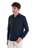 Lacivert Slim Fit Düz Slim Yaka Pamuklu Uzun Kollu Gömlek | M