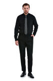 Siyah Slim Fit Desenli Slim Yaka Pamuklu Uzun Kollu Gömlek | M