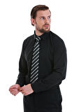 Siyah Slim Fit Desenli Slim Yaka Pamuklu Uzun Kollu Gömlek | M
