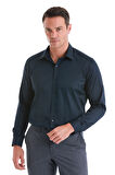 Lacivert Slim Fit Düz 100% Pamuk Slim Yaka Uzun Kollu Saten Gömlek | M