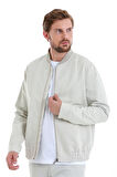 Bej Slim Fit Çizgili Dik Yaka Basic Mevsimlik Mont | L