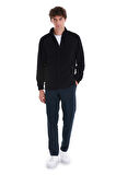 Siyah Regular Fit Tam Fermuarlı Polar Sweatshirt | XL