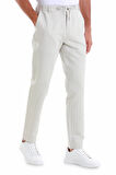 Bej Regular Fit Çizgili Yandan Cepli Keten Pantolon | 46