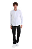 Beyaz Slim Fit Düz 100% Pamuk Açık İtalyan Yaka Uzun Kollu Saten Gömlek | XS