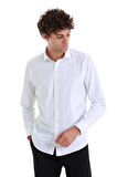 Beyaz Slim Fit Düz 100% Pamuk Açık İtalyan Yaka Uzun Kollu Saten Gömlek | XS