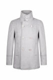 Gri Slim Fit Kruvaze Yünlü Kaşe Kaban | M