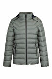 Haki Slim Fit Hakim Yaka Kapüşonlu Şişme Mont | XL