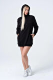 Siyah Uzun Sweatshirt Elbise Tunik Uzun Kollu Yandan Cepli