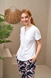 Pjs Pijama 25168 Kadın Kısa Kollu Düğmeli Desenli Kapri Takım