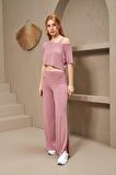 Pjs Pijama 25172 Kadın Kayık Yaka Yırtmaçlı Bol Paça Büstiyerli Üçlü Takım