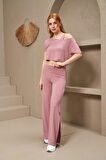 Pjs Pijama 25172 Kadın Kayık Yaka Yırtmaçlı Bol Paça Büstiyerli Üçlü Takım