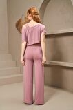 Pjs Pijama 25172 Kadın Kayık Yaka Yırtmaçlı Bol Paça Büstiyerli Üçlü Takım