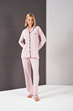 Pjs Kadın Puantiyeli Biyeli Düğmeli Uzun Kol Pijama Takım