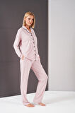Pjs Kadın Puantiyeli Biyeli Düğmeli Uzun Kol Pijama Takım