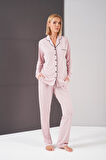 Pjs Kadın Puantiyeli Biyeli Düğmeli Uzun Kol Pijama Takım