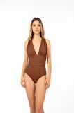Estiva Kadın Dekolteli Kemer Detaylı Arkası Çapraz Askılı Mayo - Kahve