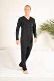 Erkek Kışlık Önden Düğmeli Cepli Penye Pijama Takımı