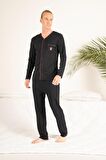 Erkek Kışlık Önden Düğmeli Cepli Penye Pijama Takımı