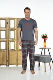 Estiva Erkek Kısa Kollu Kareli Yazlık Penye Pijama Takımı