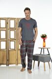 Estiva Erkek Kısa Kollu Kareli Yazlık Penye Pijama Takımı