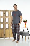Estiva Erkek Kısa Kollu Kareli Yazlık Penye Pijama Takımı