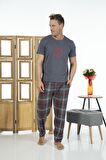 Estiva Erkek Kısa Kollu Kareli Yazlık Penye Pijama Takımı