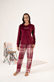 Kadın Kışlık Kareli Kadife Pijama Takımı Bordo