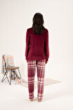 Kadın Kışlık Kareli Kadife Pijama Takımı Bordo