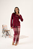 Kadın Kışlık Kareli Kadife Pijama Takımı Bordo