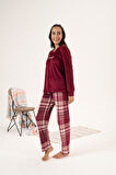 Kadın Kışlık Kareli Kadife Pijama Takımı Bordo