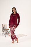 Kadın Kışlık Kareli Kadife Pijama Takımı Bordo