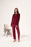 Kadın Kışlık Puantiyeli Kadife Pijama Takımı Bordo