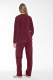 Kadın Kışlık Puantiyeli Fitilli Polar Pijama Takımı Bordo
