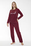 Kadın Kışlık Puantiyeli Fitilli Polar Pijama Takımı Bordo