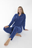 Kadın Kışlık Yıldız Desenli Önden Düğmeli Fitilli Polar Pijama Takımı Koyu Mavi