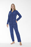 Kadın Kışlık Yıldız Desenli Önden Düğmeli Fitilli Polar Pijama Takımı Koyu Mavi
