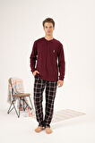 Erkek Kışlık Düğmeli Yaka Kareli Alt Süper Soft İnterlok Pijama Takımı Bordo