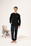 Erkek Kışlık Düğmeli Yaka Kareli Alt Süper Soft İnterlok Pijama Takımı Siyah