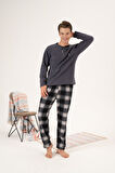 Erkek Kışlık Düğmeli Yaka Kareli Alt Polar Pijama Takımı