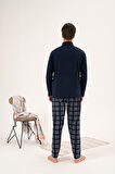 Erkek Kışlık Fermuarlı Yaka Kareli Alt Polar Pijama Takımı Lacivert