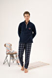 Erkek Kışlık Fermuarlı Yaka Kareli Alt Polar Pijama Takımı Lacivert