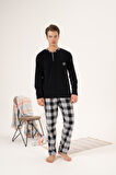 Erkek Kışlık Düğmeli Yaka Kareli Alt Polar Pijama Takımı