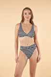Estiva Kemerli Kruvaze Çizgi Desenli Bikini Takımı - Siyah Bayaz
