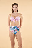 Estiva Desenli Yüksek Bel Britli Bikini Takımı - Pudra Mavi
