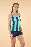 Estiva Şortlu Çizgi Desenli Tankini Mayo - Mavi Lacivert