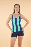 Estiva Şortlu Çizgi Desenli Tankini Mayo - Mavi Lacivert