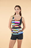Estiva Şortlu Geometrik Desenli Tankini Mayo - Renkli Siyah