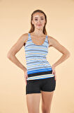 Estiva Şortlu Çizgi Desenli Tankini Mayo - Mavi Siyah