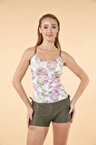 Estiva Büzgülü Çiçek Desenli İnce Akılı Şortlu Tankini Mayo - Haki