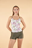 Estiva Büzgülü Çiçek Desenli İnce Akılı Şortlu Tankini Mayo - Haki